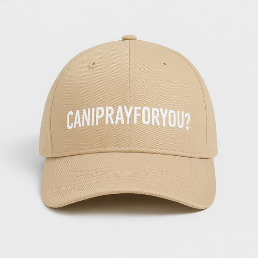 Beige cap with white text on a light gray background